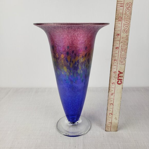 Robert Held Art Glass Iridescent Trumpet Vase 10" Purple Blue Rainbow Signed - Picture 5 of 5